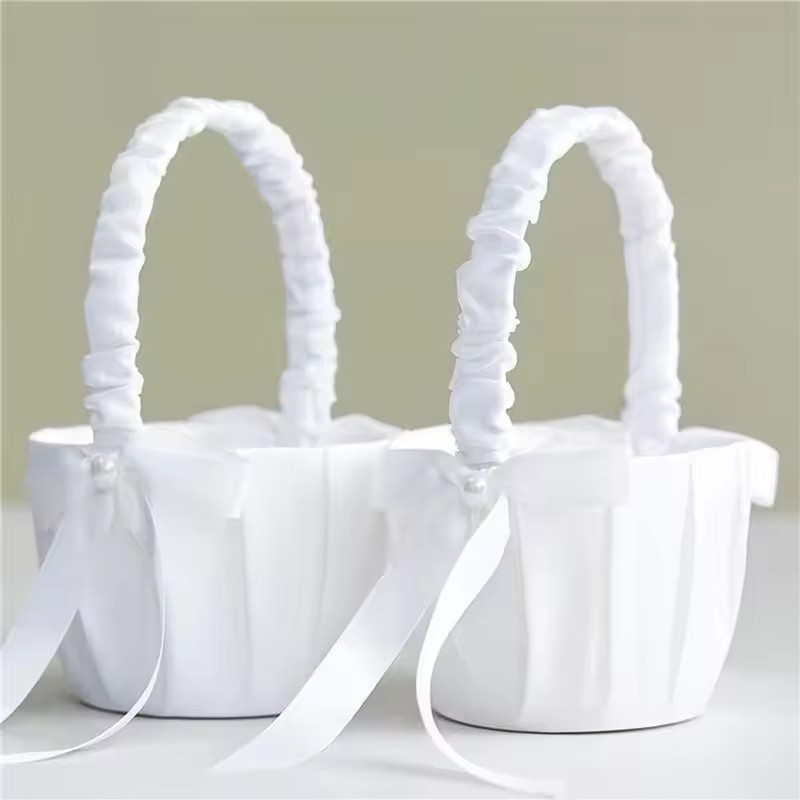 Gardening Tools Girls - ウェディング ホワイト サテン リボン フラワーバスケット パールハンドル付き