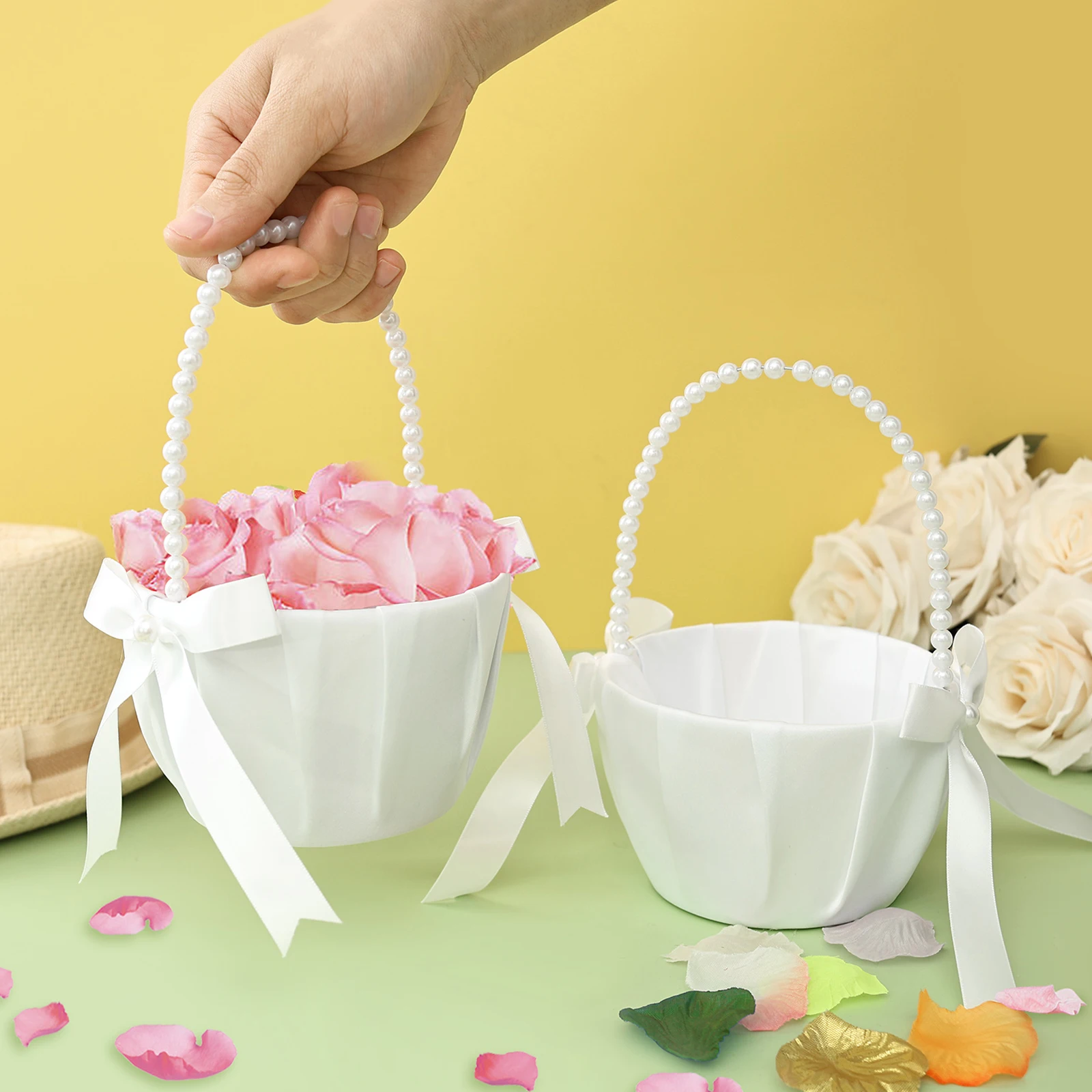 Gardening Tools Girls - 2個セット ウェディングフラワーガールバスケット 蝶結びサテン ウェスタンラスティック風 フェイクパールハンドル付き 花嫁/子供用