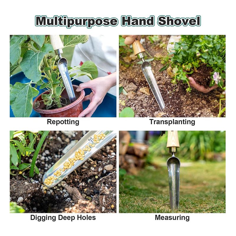 Gardening Tools Trowel - ABGE製、目盛り付きステンレス製種まき用トング、木製ハンドル、園芸用球根移植用トング、植え付け用。